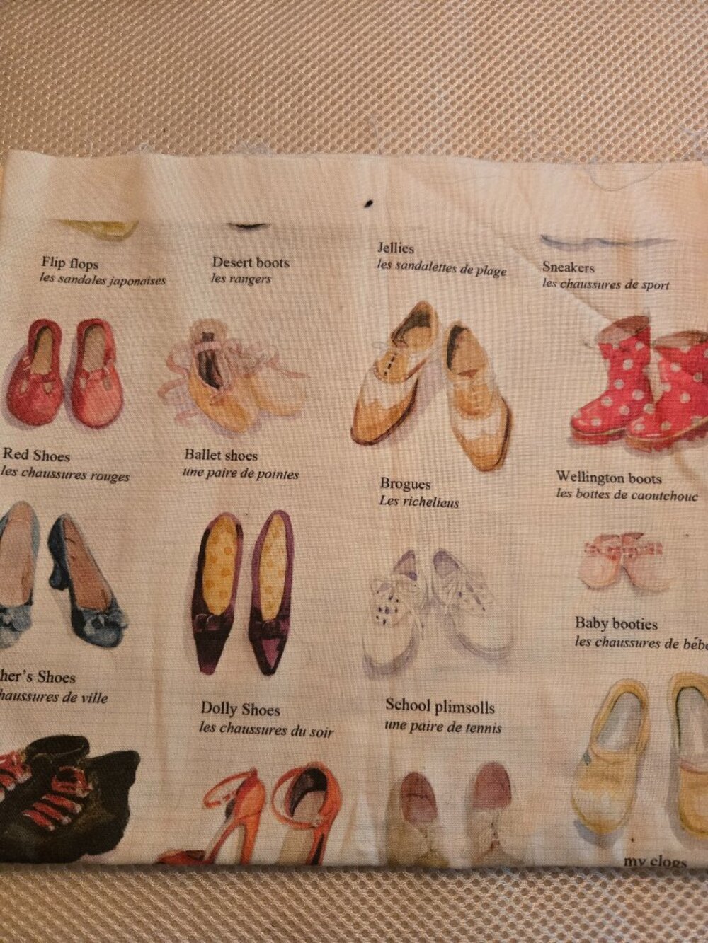 1 yard of Spoonflower printed shoe print fabric.